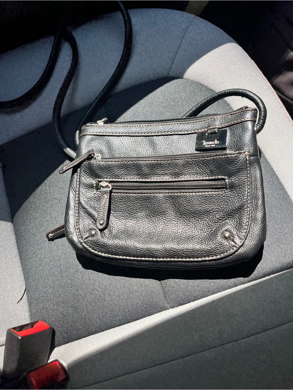 Tignanello Black Pebbled Leather Crossbody Bag lots of zipper compartments - Picture 6 of 12